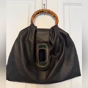 Uterqüe Black Leather Bamboo Handle Bag EU Luxury